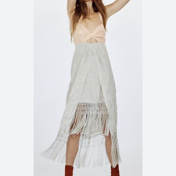 Free People Love Me Not Embroidered Fringe Cutout Midi Dress - Picture 2 of 7
